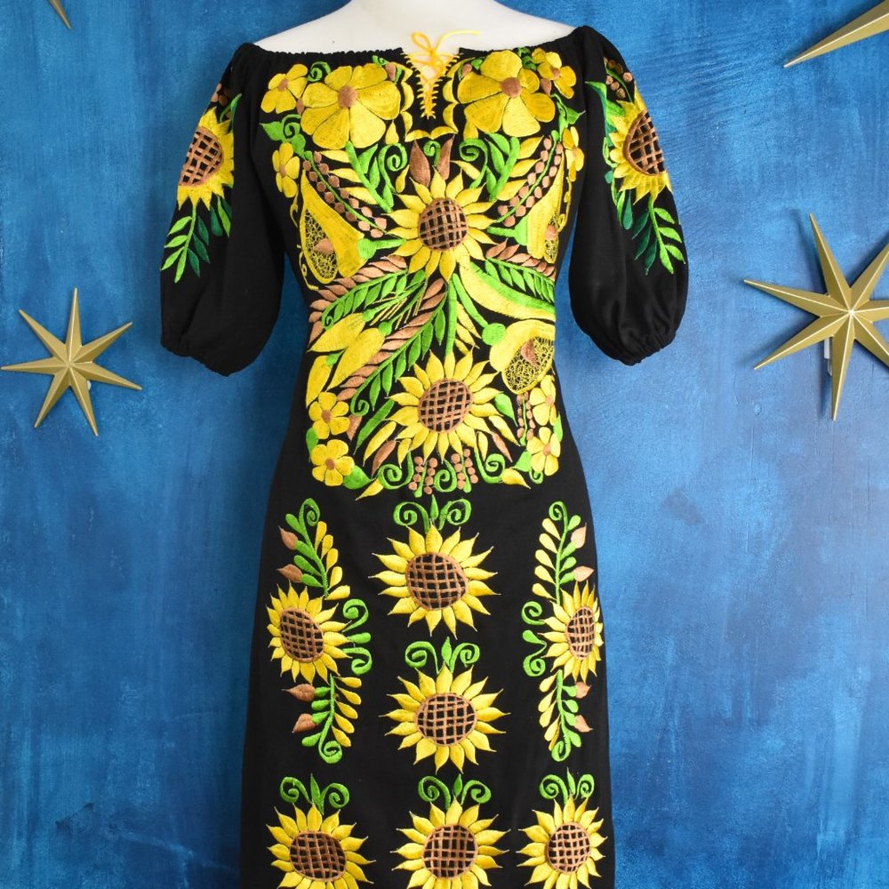 Mexican Sunflower Embroidered Midi Dress